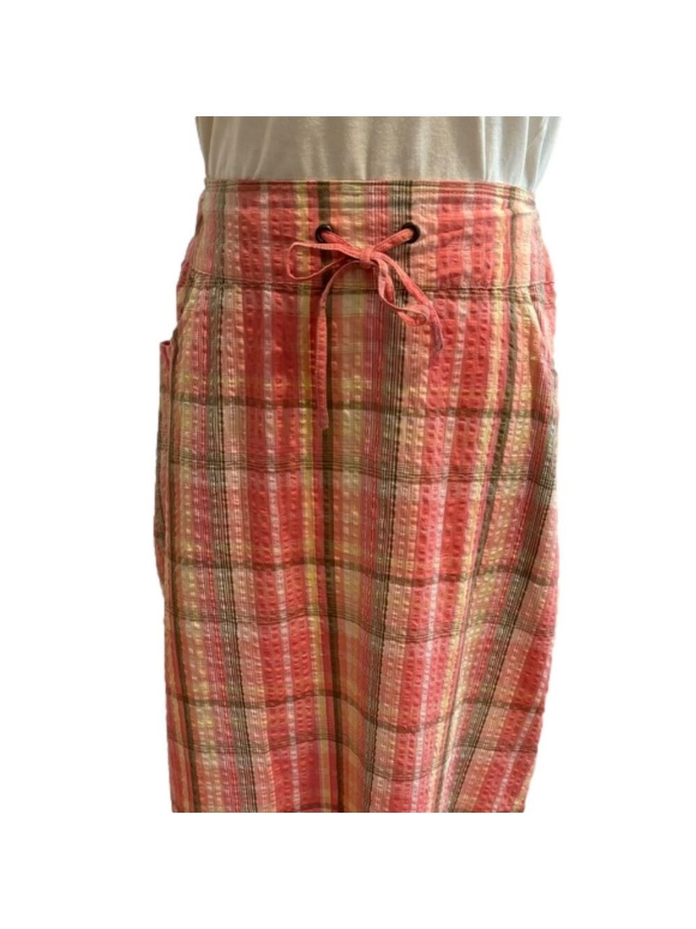 J PETERMAN 90s PINK & OLIVE GREEN PLAID SEERSUCKER PENCIL MIDI SKIRT SZ 12 - Picture 8 of 9